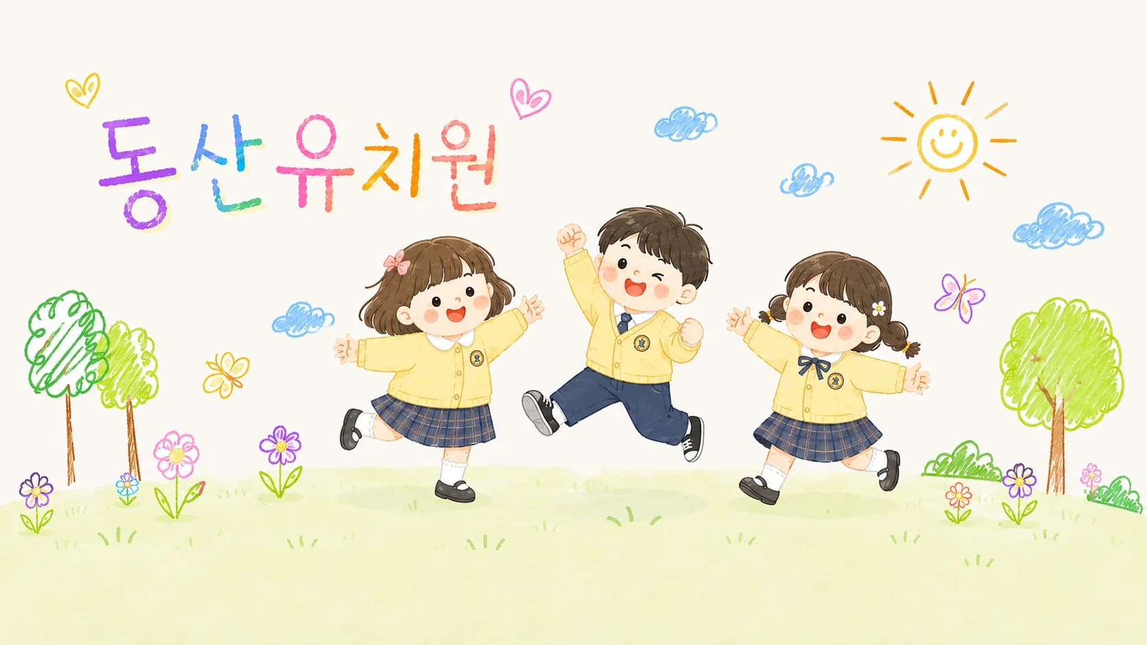 동산유치원 — 크레용으로 그린 들판에서 원복을 입은 아이 셋이 신나게 뛰노는 그림